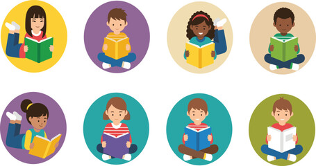 Fototapeta premium Diverse Kids Reading Books Illustration Set with Boys and Girls Engaged in Learning for Educational, Children’s Content, and Digital Media