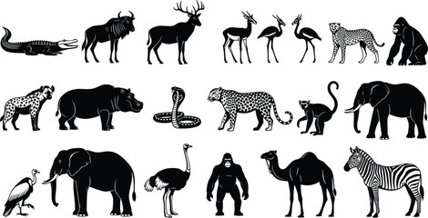 Wild animal silhouette vector illustration, African wildlife collection, jungle and savanna creatures, crocodile elephant zebra camel gorilla cheetah monkey, educational nature artwork design © Ashraful