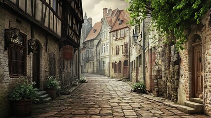 Fototapeta premium Charming old town street alley 3d wall mural home wallpaper