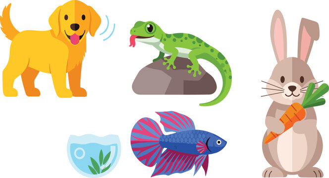 Vector Illustrations of a Happy Dog, Lizard, Fish in Aquarium, and Cute Rabbit with Carrot for Kids