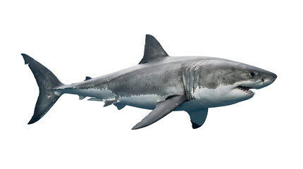 Fototapeta premium Great White Shark swimming on white background, Carcharodon carcharias isolated