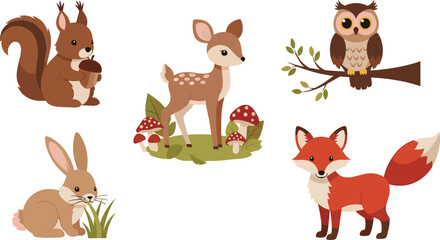 Fototapeta premium Cute Woodland Animals Set with Deer, Fox, Squirrel, Bunny, and Owl in Nature for Kids' Designs and Educational Projects