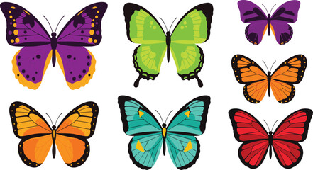 Colorful Butterfly Set with Various Vibrant Wings, Nature-Inspired Vector Illustration for Decorative Designs and Floral Themes