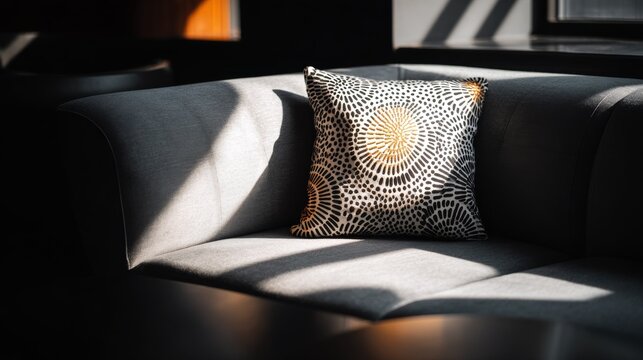 Geometric patterned cushion resting on a grey sofa
