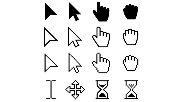 A collection of various computer cursor icons and symbols on a white background