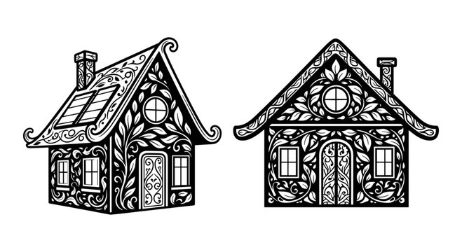 Detailed black and white illustration of two traditional timber-framed houses with intricate designs Vector, illustration