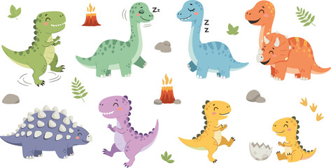 Playful Cartoon Dinosaurs with Volcanic and Nature Elements for Kids' Educational and Fun Designs © MeheDi
