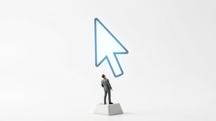Fototapeta premium Miniature Businessman Figurine Standing on Keyboard Key Looking Up at Giant Digital Mouse Cursor on White Background Technology Concept