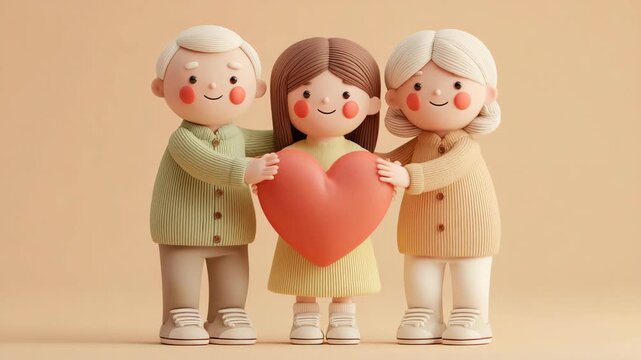 日本人家族が正面で赤いハートを仲良く支える