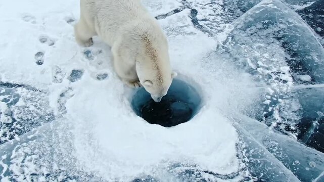 A polar bear peers into a hole in the ice on a frozen tundra with a somber mood.