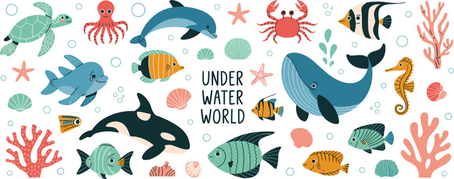 Underwater world with diverse sea life and coral in cartoon style on pink background Keywords: underwater, ocean, sea, world
