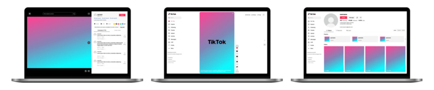 TikTok Desktop Video Feed and Creator Profile Interface UI Mockup. TikTok Web Platform Short Video Player Comments Section and Creator Dashboard Design Template