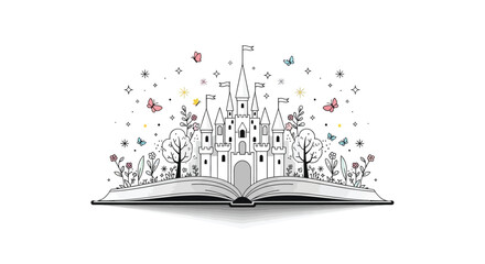 A fairytale castle emerges from an open book with butterflies and stars © Baby Collection