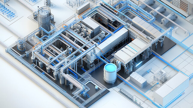 Industrial facility with blue-lit piping and machinery. Complex layout features interconnected systems and tanks. White and gray structures form an organized production environment