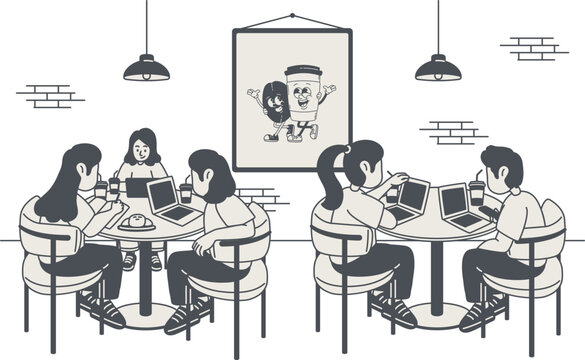 Tampilan luas interior kedai kopi yang ramai