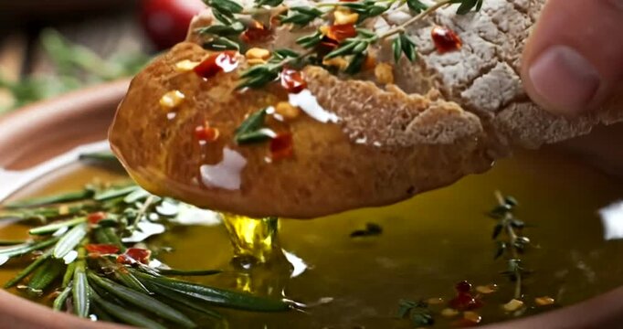 Rosemary bread dipping in olive oil.