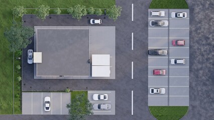 Top view 3D render of a modern commercial building with a parking lot, cars, and landscaping in an architectural site plan layout © Ahmad