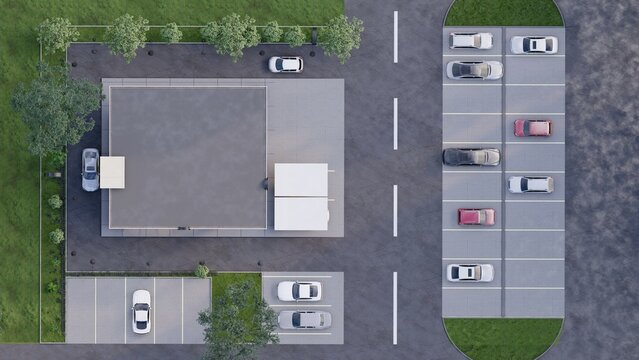 Top view 3D render of a modern commercial building with a parking lot, cars, and landscaping in an architectural site plan layout