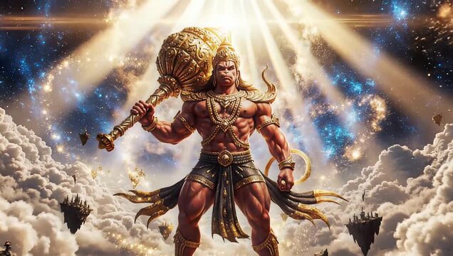 Lord Hanuman with Golden Gada in Divine Celestial Sky Illustration