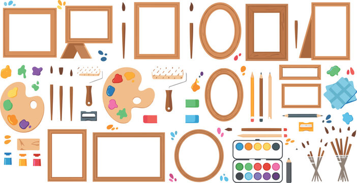 Collection of professional art supplies including wooden picture frames, paint palettes, watercolor sets, brushes, pencils, and rollers for creative studio workshops or educational design projects.