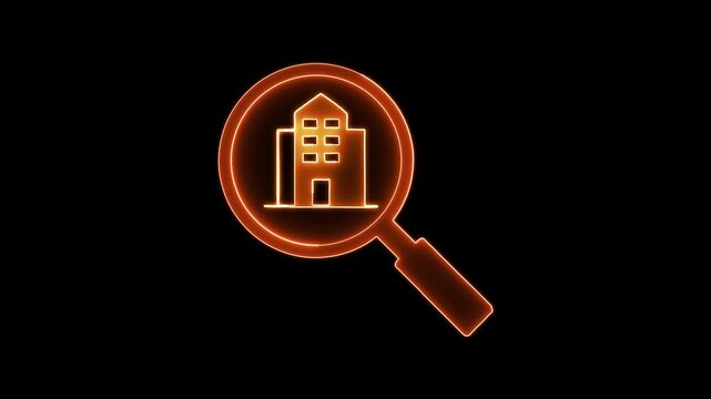 Real estate search icon with building. Property finder and house search concept for real estate market and property investment.