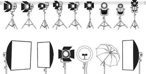 Professional photography studio lighting equipment collection vector set, softbox spotlight ring light and umbrella reflectors on tripod stands isolated on white background illustration © MSTMUNMUN