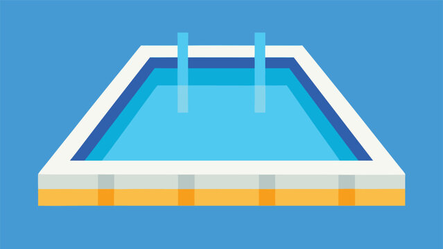 A trapezoidal swimming pool with a white rim and orange base features two light blue vertical posts submerged in cyan water against a solid blue background.