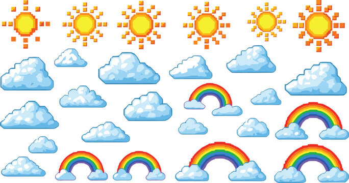 Set of vibrant pixel art weather elements featuring glowing suns, fluffy white clouds, and colorful rainbows for retro 8-bit style video game sky environment design.