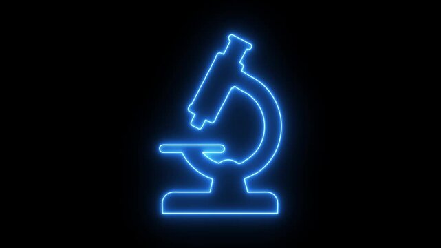 Neon microscope icon for science and laboratory research. Glowing microscope symbol representing biology, medical technology and scientific discovery.