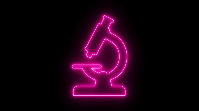 Neon microscope icon for science and laboratory research. Glowing microscope symbol representing biology, medical technology and scientific discovery.