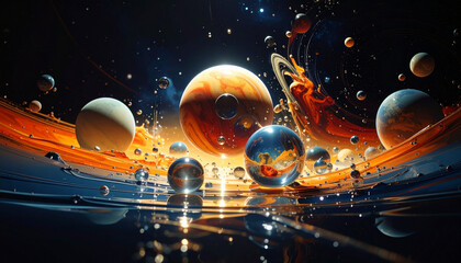 Cosmic scene depicting planets and nebulas against a dark background