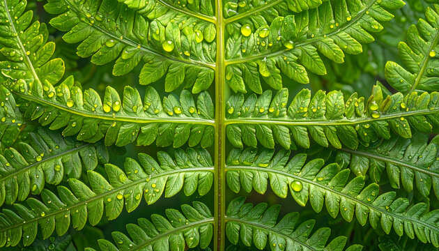 Close up of vibrant green fern leaf with water droplets macro photography