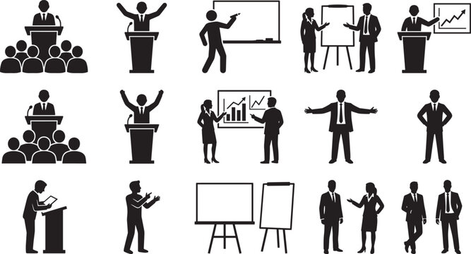 Business presentation silhouettes set, speaker podium meeting seminar training boardroom corporate people vector collection