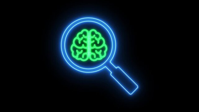 Brain analysis search icon. Artificial intelligence and data analysis concept with magnifying glass and brain symbol.