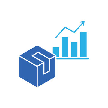 icon a rising product with a package box and upward growth bar chart, isolated against a clean background.