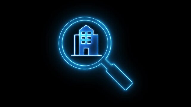 Real estate search icon with building. Property finder and house search concept for real estate market and property investment.