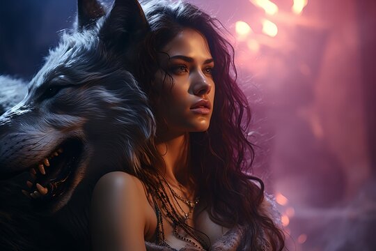 Confident Woman Beside Fierce Wolf in Cinematic Fantasy Scene