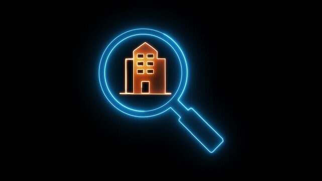 Real estate search icon with building. Property finder and house search concept for real estate market and property investment.