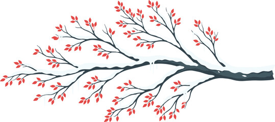 Vector illustration of a horizontal tree branch covered in white snow and icicles with vibrant red autumn leaves isolated on a plain white background © MSTMUNMUN