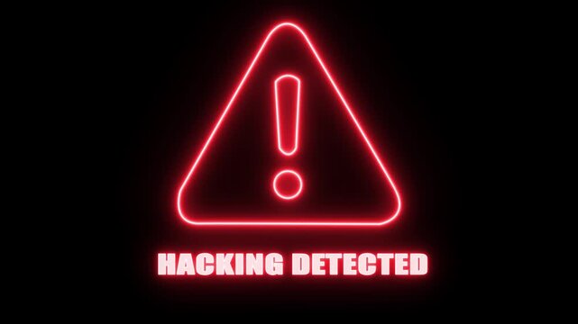 Red Neon Warning Triangle with Exclamation Mark and Hacking Detected Text Alert Concept Dark Background Cinematic Motion