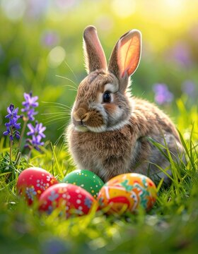 A cute rabbit sits among grass and purple flowers, surrounded by colorful, decorated Easter eggs in bright sunlight.