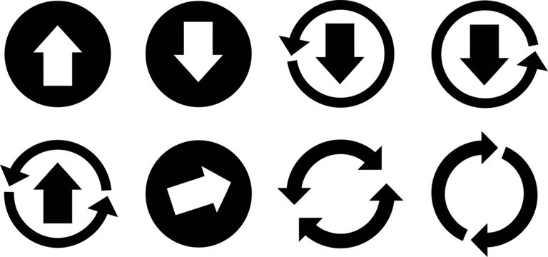 Collection of directional arrows and circular motion icons in black and white