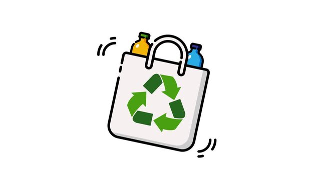 A short flat cartoon animation about recycling bags and bottles. Plastic-free icons on a white background.