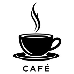 A black and white image of a steaming cup of coffee on a saucer isolated on transparent background, Vector
