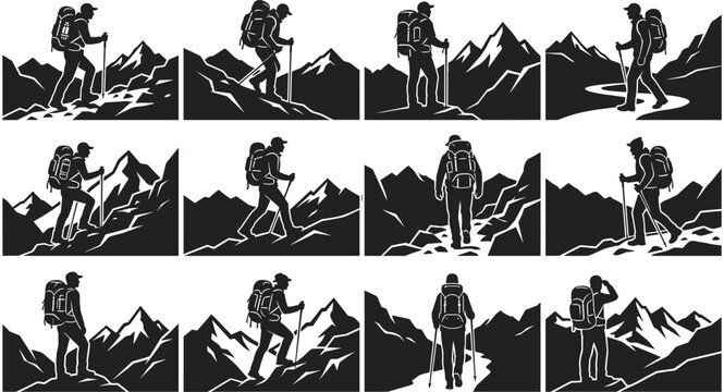 Mountain hiking silhouettes set, backpacker trekking adventure in alpine landscape outdoor exploration travel climber vector collectionMountain hiksilhouettes set