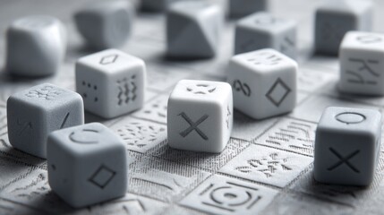 Assortment of smooth grey educational dice on a patterned board