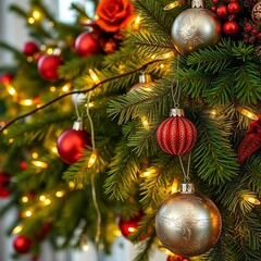 Fototapeta premium Festive pine boughs adorned with glowing fairy lights and ornate baubles, ready for holiday display, decor, season