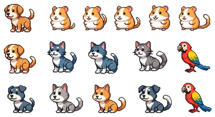 Fototapeta premium A grid of cute pixel art animals features various breeds of dogs, hamsters, cats, and colorful parrots in a charming, friendly style.