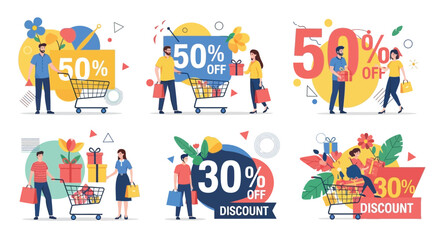 Fototapeta premium Collection of flat illustrations depicting people shopping with carts and various discount offers like 50% and 30% off, representing sales and promotions.