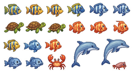 Obraz premium A diverse set of colorful pixel art marine animals, including striped fish in various hues, turtles, playful dolphins, and crabs.